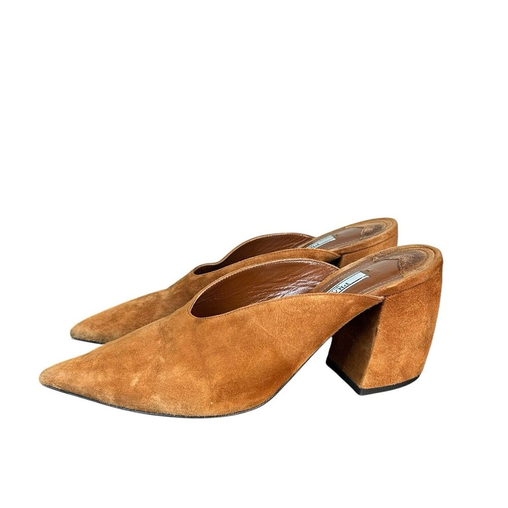 Prada Milano Brown Suede Pointed Toe Mule Block Heel Slides Women’s EU 37 US 7